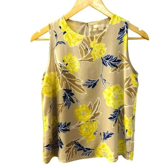 C&E Sleeveless Khaki Floral Blouse in Extra Small with Blue and Yellow Flowers - Picture 3 of 7